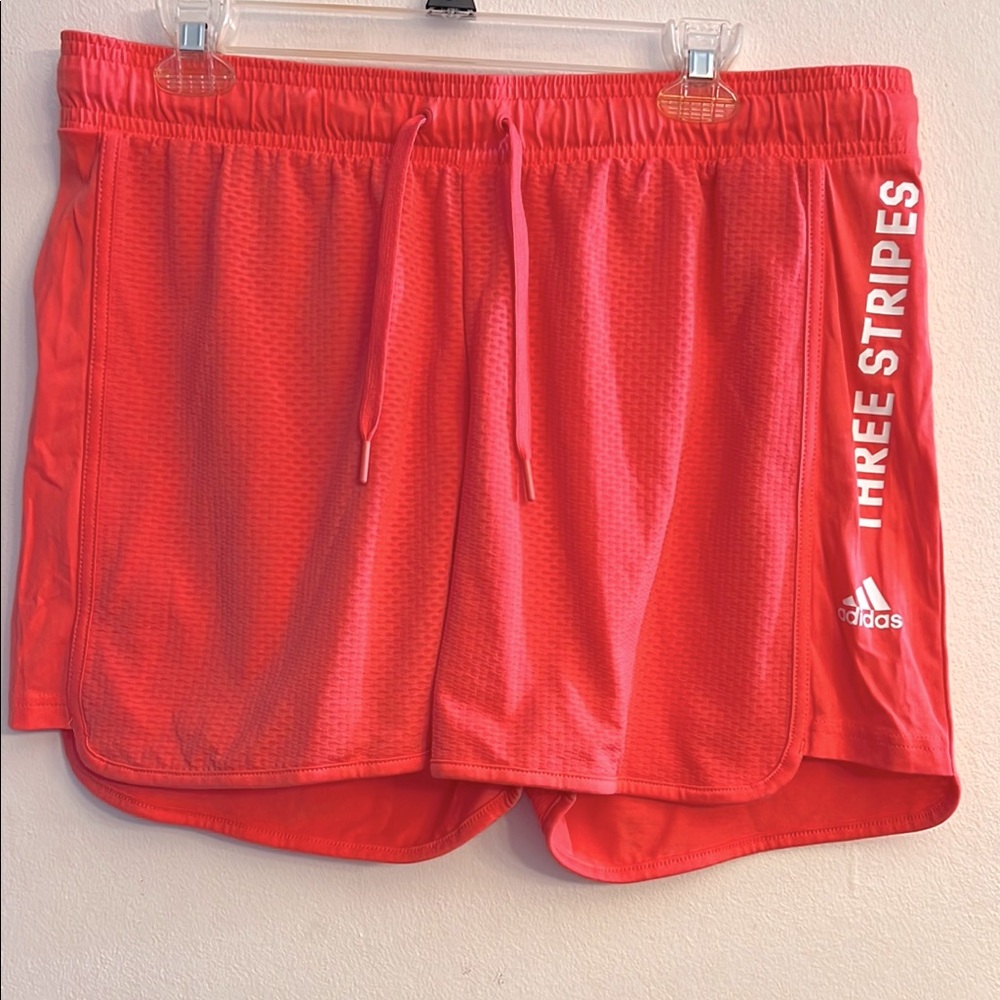 Adidas Three Stripes Spellout Women's Vibrant Coral Salmon Athletic Shorts